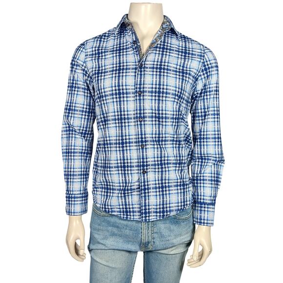 Cesari Italy Plaid Shirt Size Small Blue and White Long Sleeve Paisley Cuffs - Picture 1 of 14
